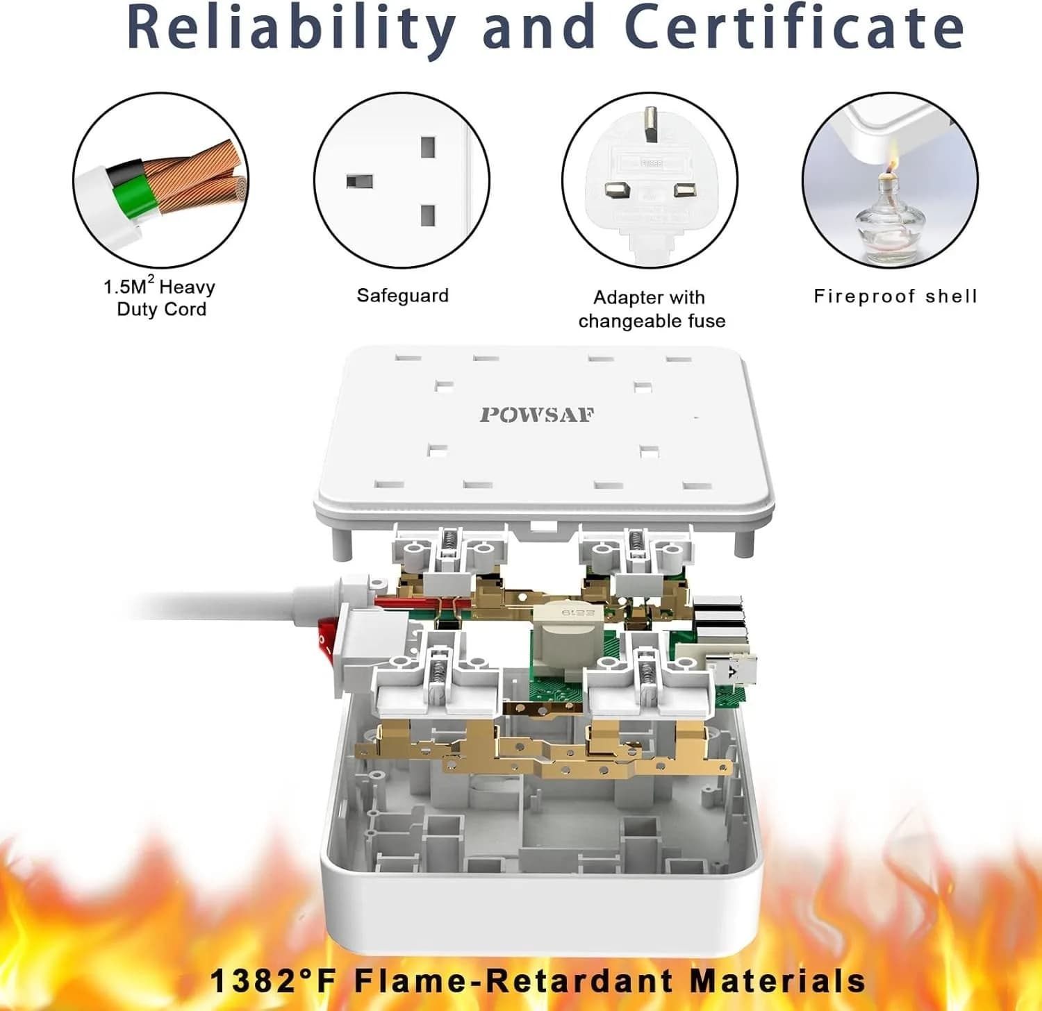 4 Way Extension Lead with 4 USB Slots (3.4A, 1 Type C and 3 USB-A Ports) 2M UK