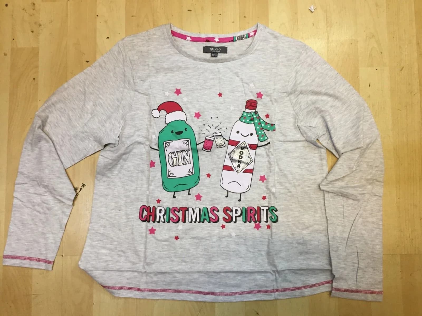 STUDIO WOMENS CHRISTMAS XMAS SPIRITS PJS 12/14 GREY PINK PJ SET TOP & BOTTOMS