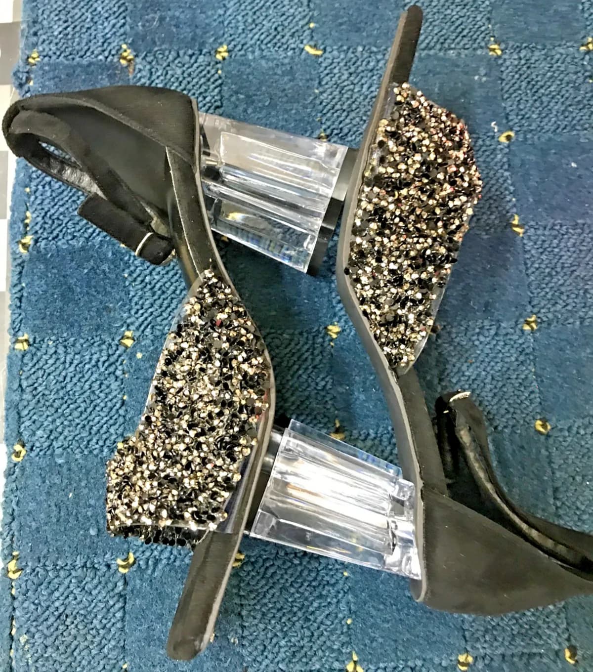 Women's Black Diamanté Heeled Sandals UK Size 4 Party Evening Clear Heel