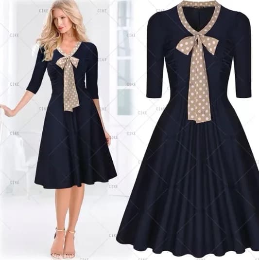 Miusol Navy Blue and Beige Polka Dot Collar Work/Office Dress
