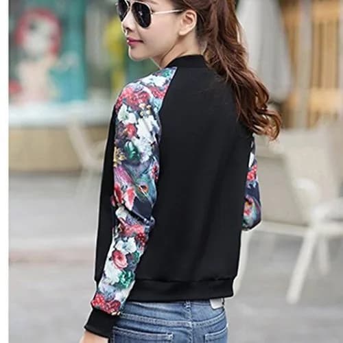 Teenloveme Womens Floral Bomber Jacket Stand Collar Zip up Pilot Jacket New S