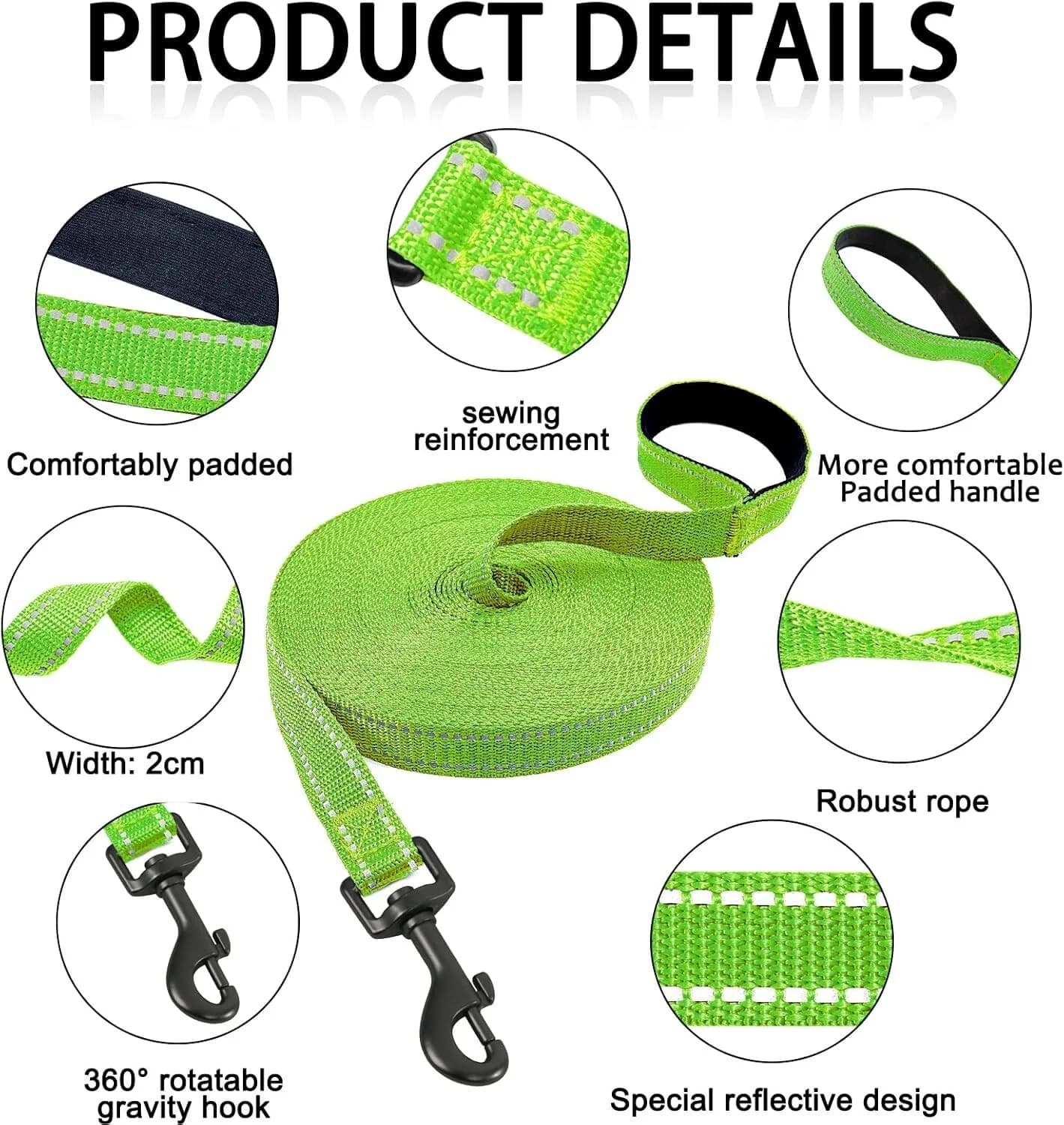 15 METER DOG TRAINING LEAD GREEN NEON REFLECTIVE
