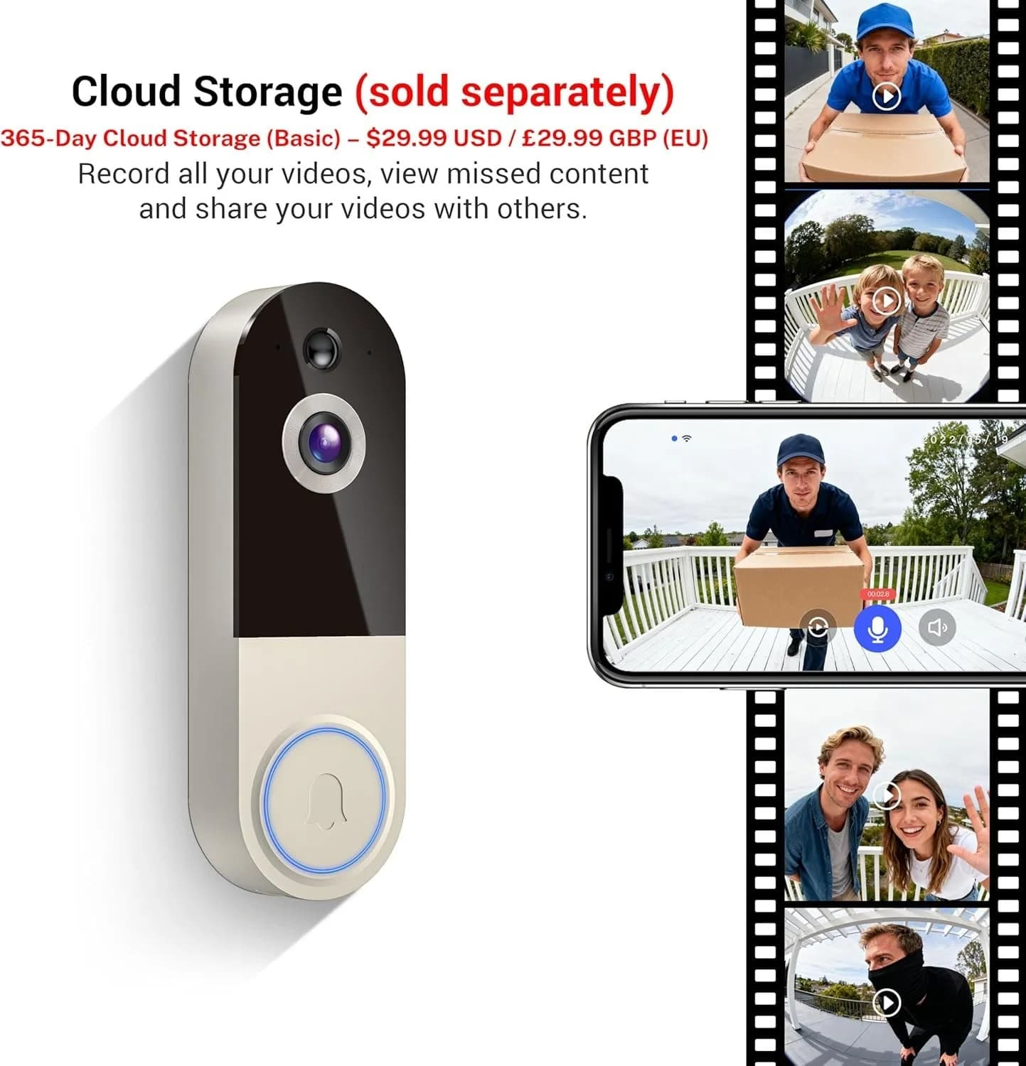 1080P Wireless Video Doorbell Camera, AI Human Detection, Night Vision, 2-Way Au