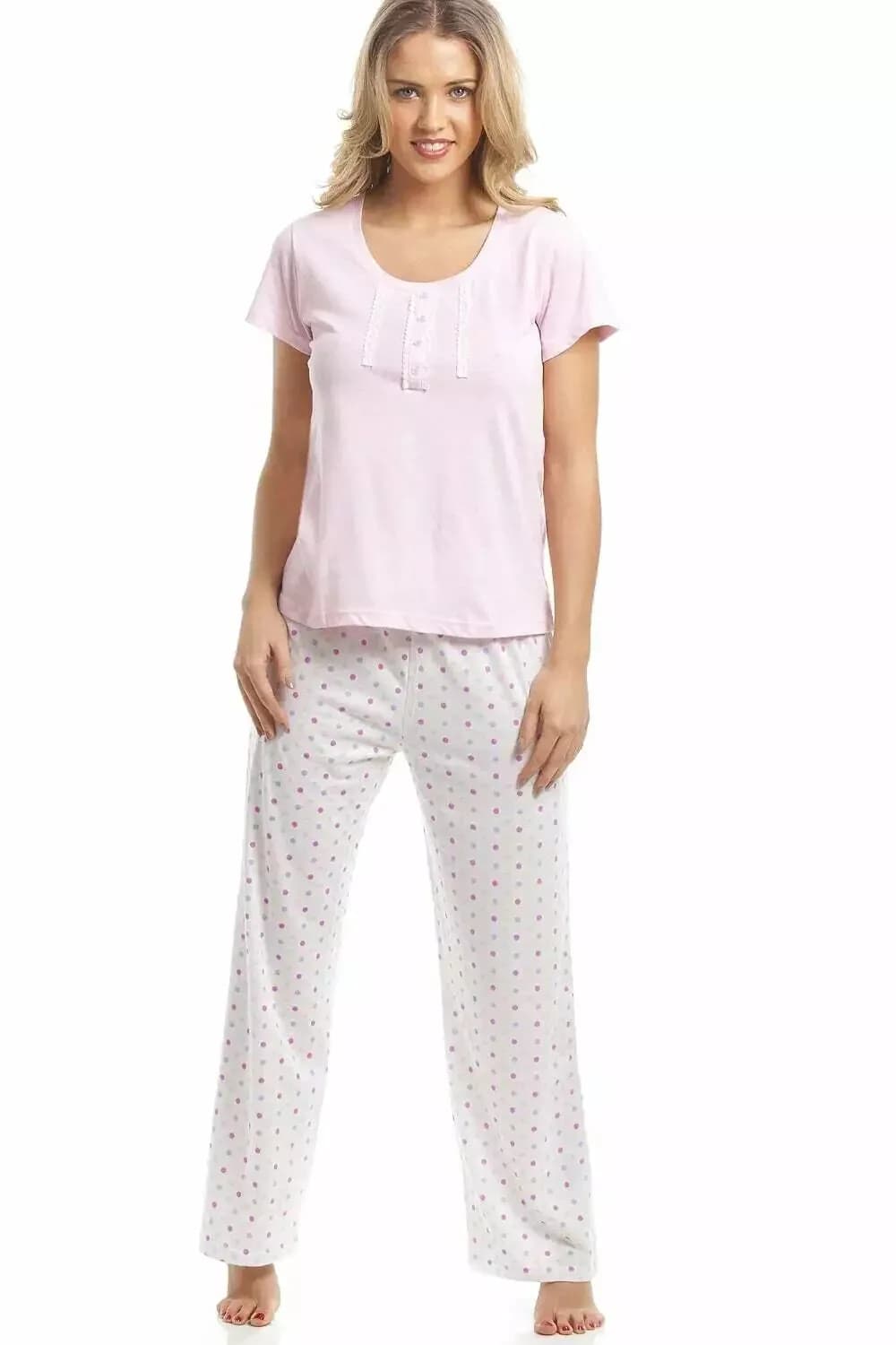 Camille Womens Cotton Mix Multi-Coloured Pink Polka Dot Cropped Pyjama Set 18/20