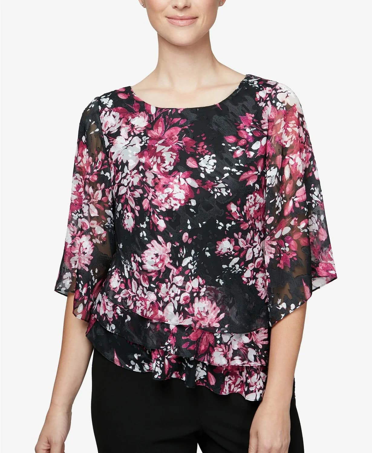 New Women's Ladie's Alex Evenings Floral-Print Tiered Top Black/Pink L