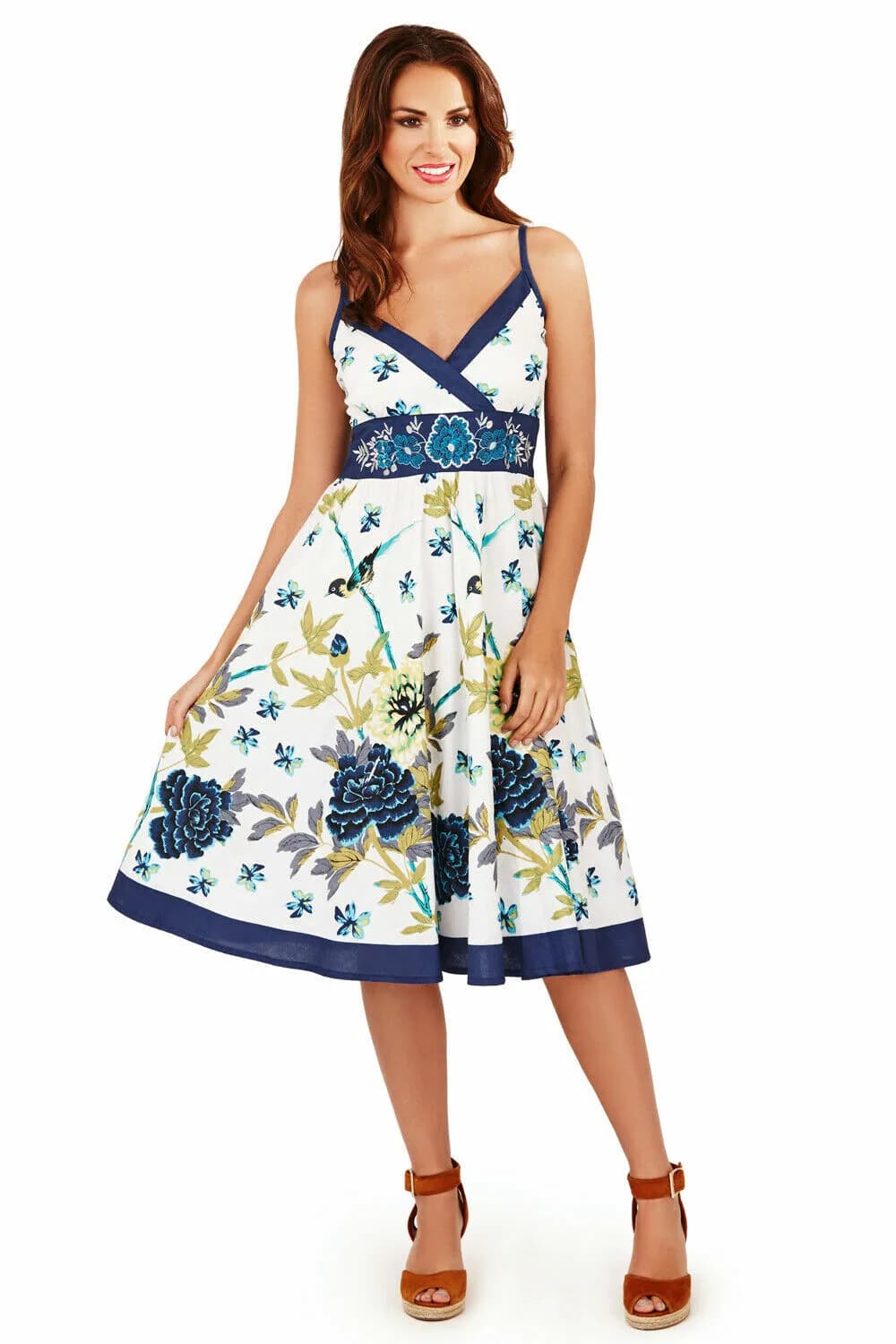 Pistachio Womens Animal Or Bird Print Floral Dress Ladies Crossover Cotton Midi