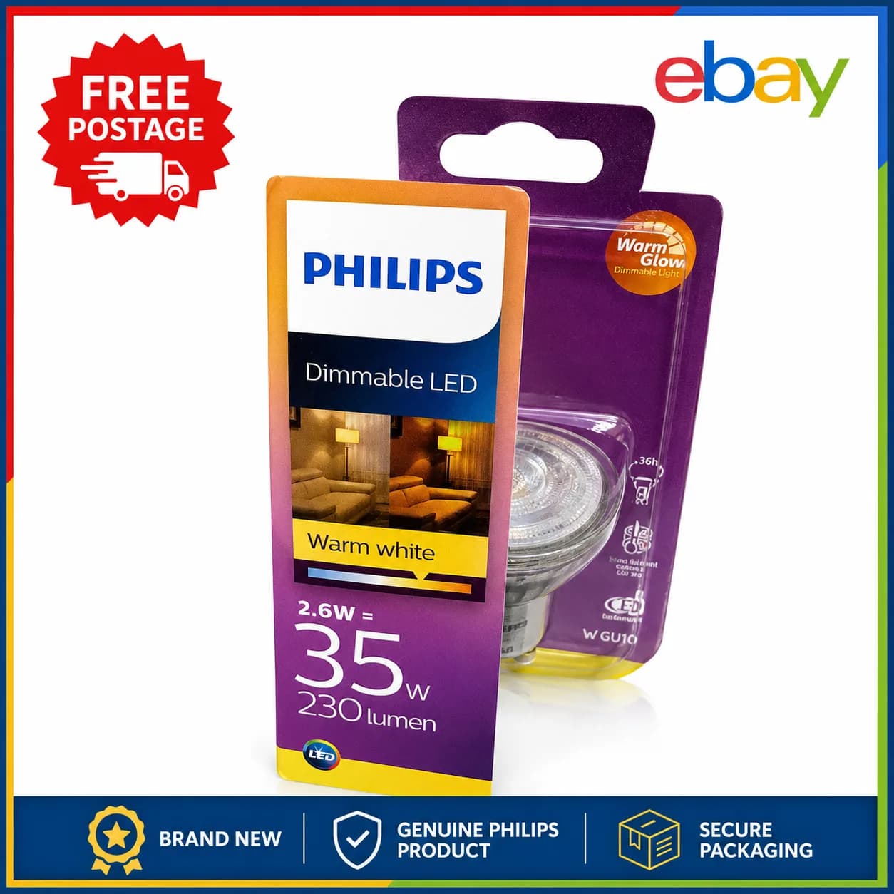 Philips LED GU10 2.6w 2200-2700k Dimmable Spot Lights