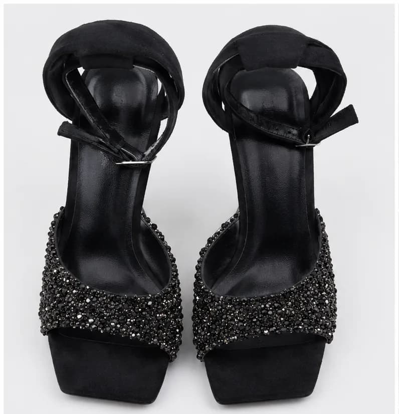 Women's Black Diamanté Heeled Sandals UK Size 4 Party Evening Clear Heel