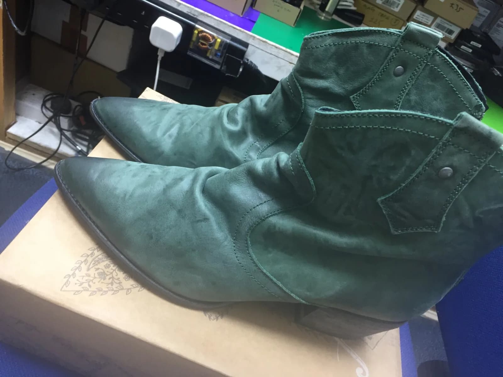 FREE PEOPLE WOMEN'S LEATHER DIXIE STYLE ANKLE BOOTS GREEN 41 RRP $158.00
