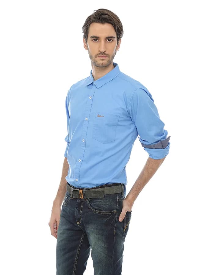 Basics Casual Plain Blue 100% Cotton Slim Button Shirt Long Sleeve