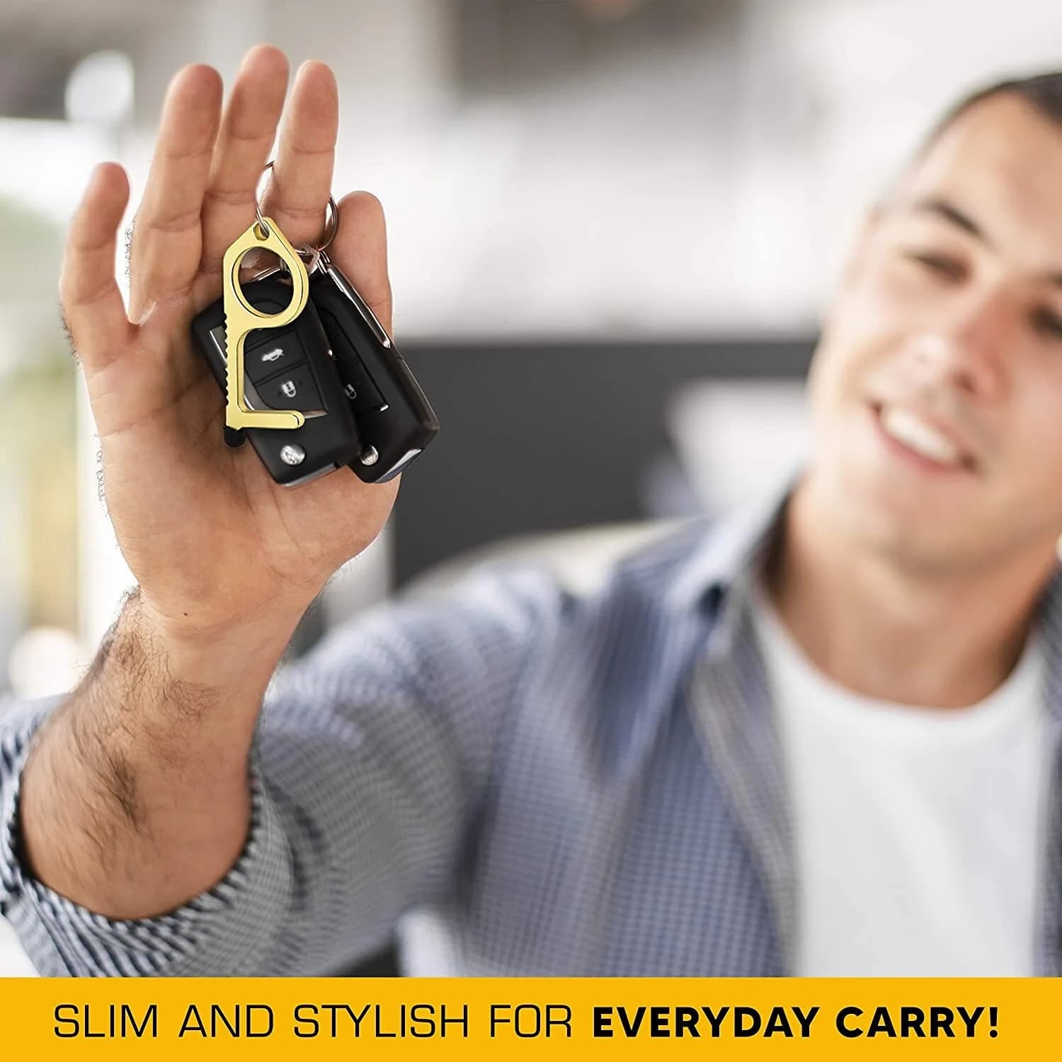 Mobi Lock Brass Door Opener Tool Touchless Germ-Free Button Pusher Key Ring