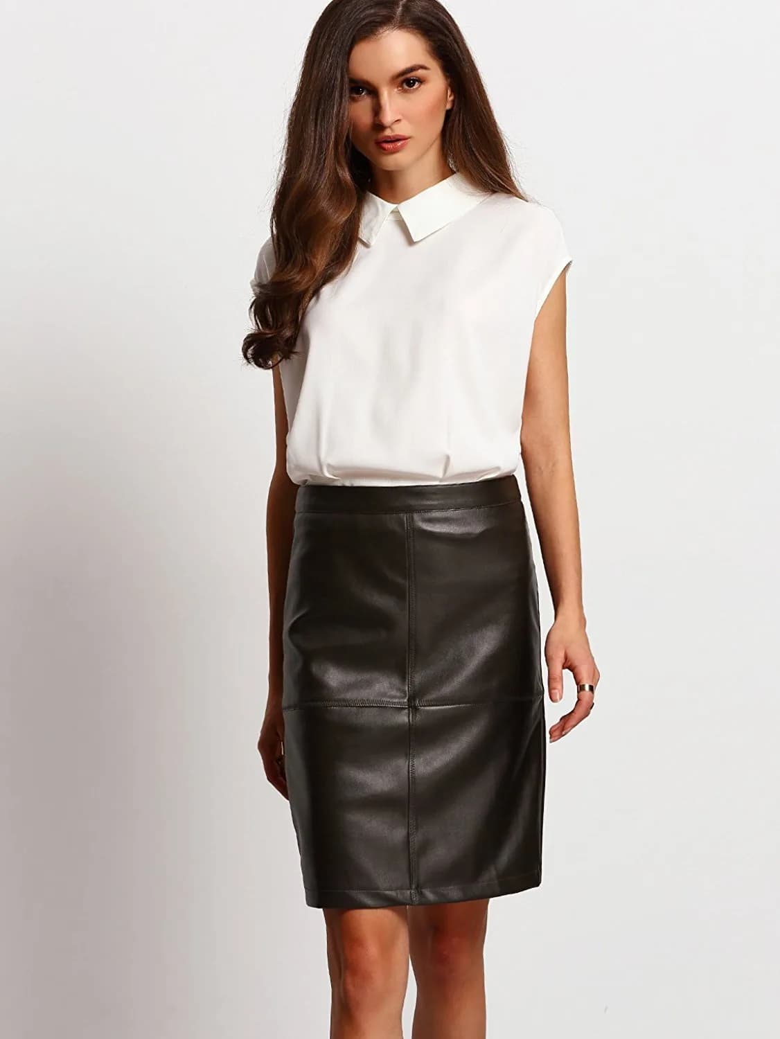OEUVRE Women's Faux Leather Ladies Waistband Visible Back zip Skirt Black