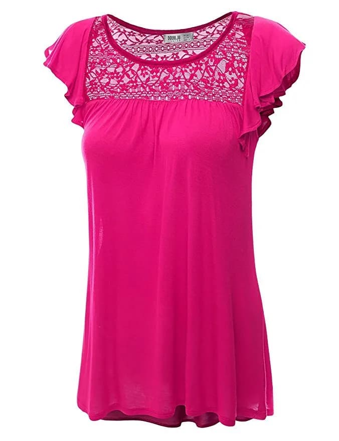 Doublju Womens Round Neck Ruffle Cap Sleeve Loose Fit Top Lace Detail fuchsia