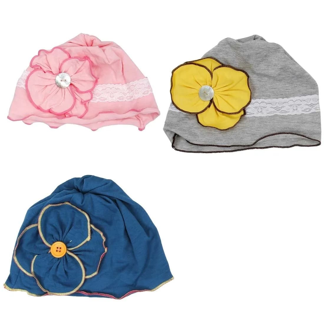 3 pc Baby Girl Toddler Soft Cotton Knit Design Pattern Flower Hat Beanies