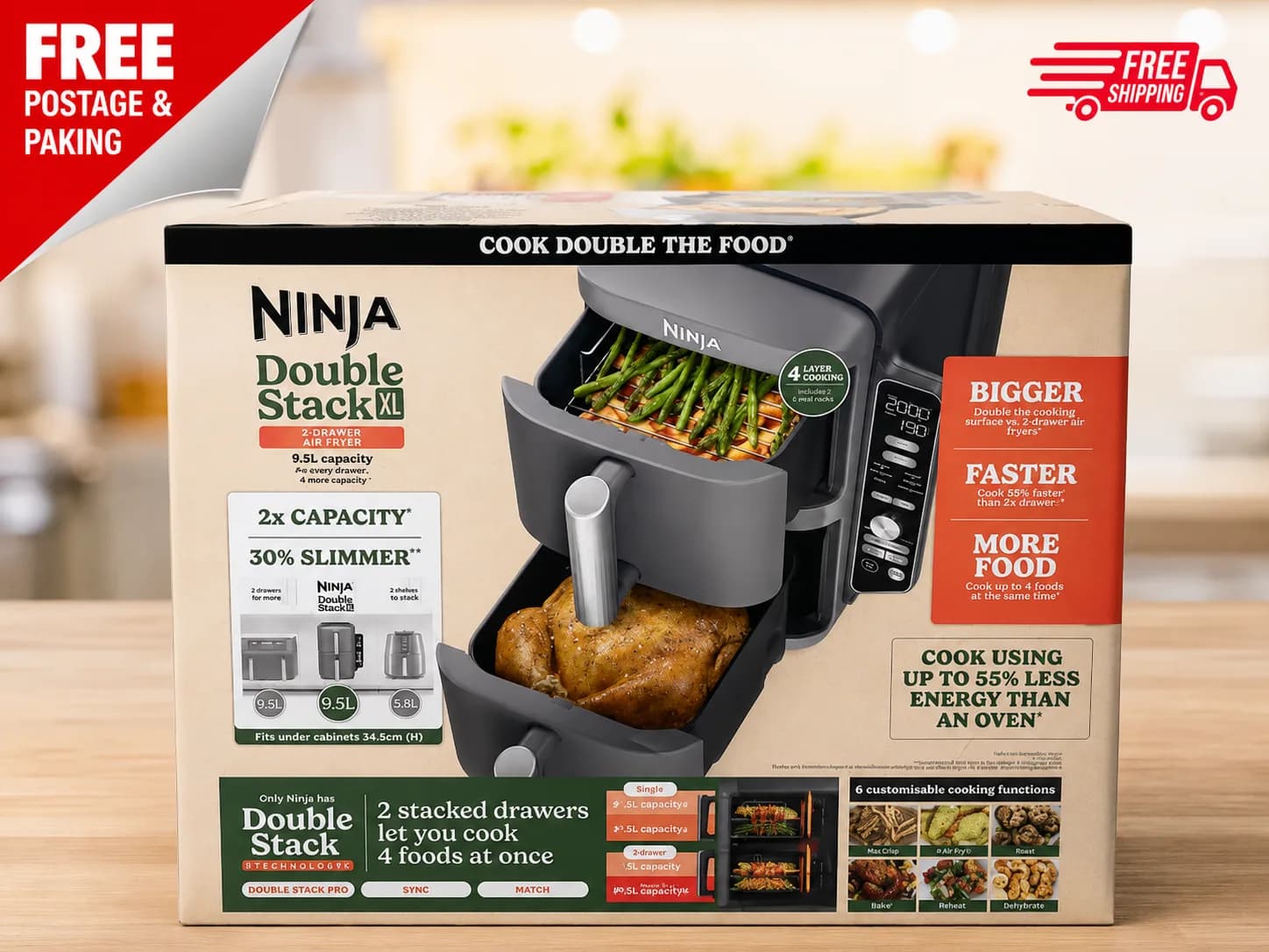 Ninja Double Stack XL Air Fryer, Vertical Dual Drawer AirFryer black 9.5L