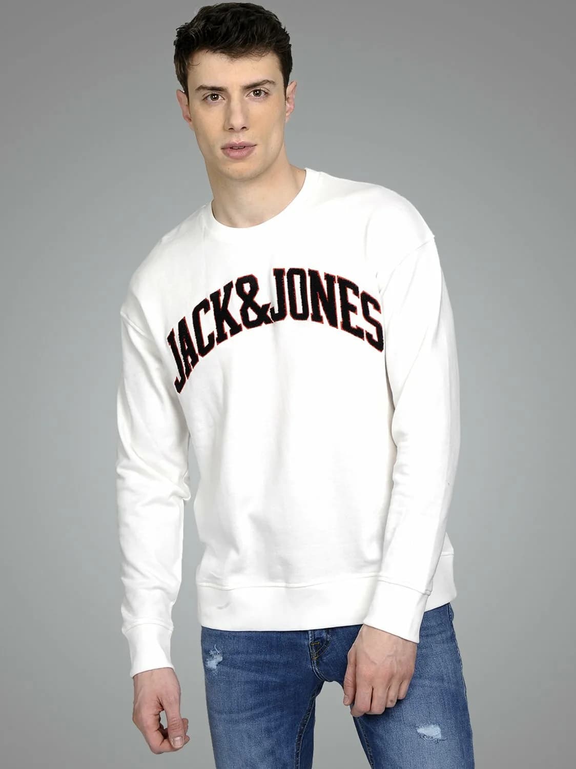 JACK & JONES BOXY FIT TEXTURED LOGO SWEATER JUMPER CREW NECK WHITE/CREAM