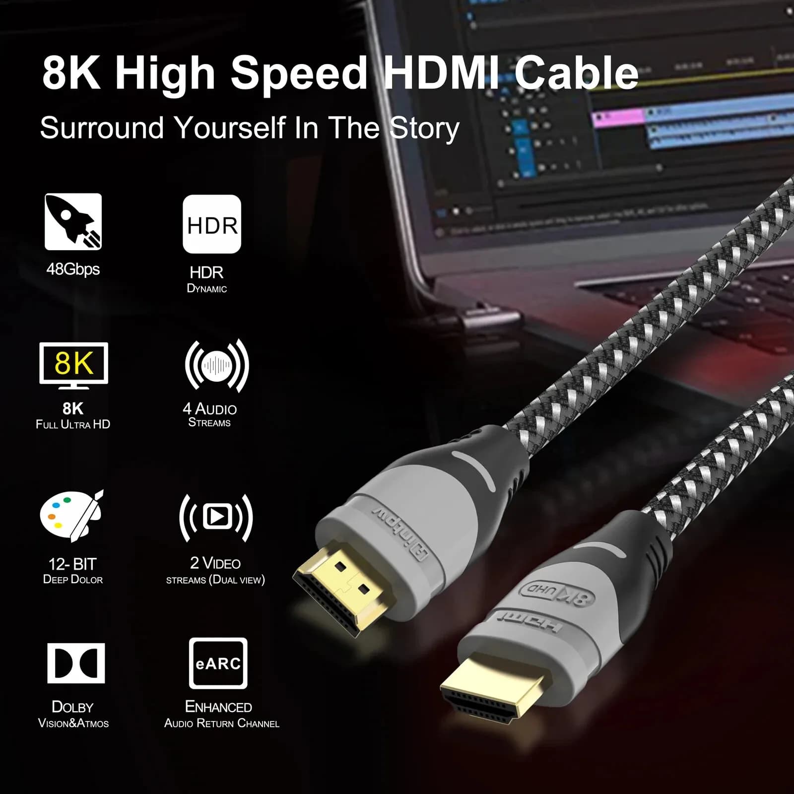 8K HDMI Cable, 48Gbps Certified Ultra High Speed HDMI Cable 3M 10FT BRAIDED