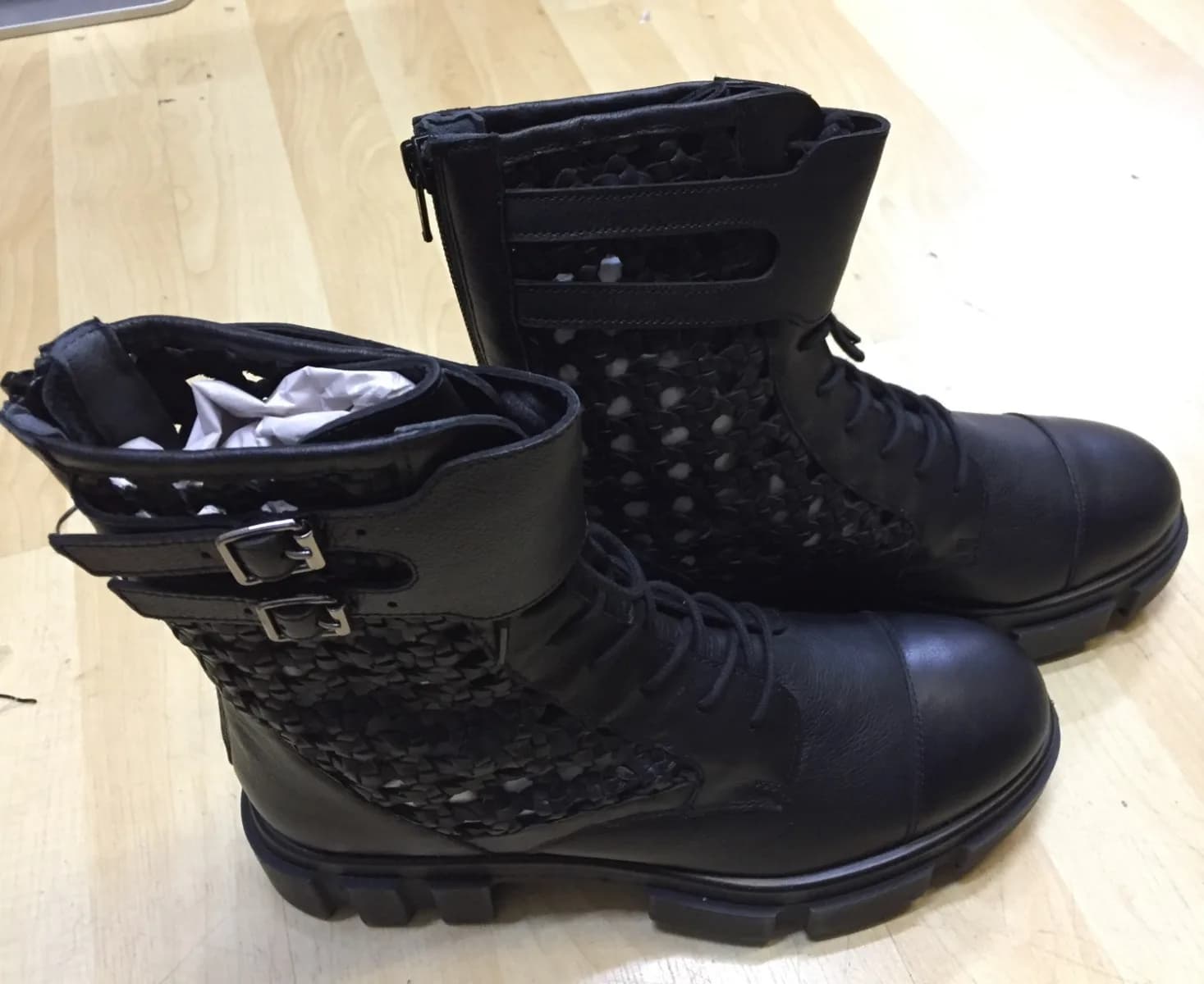 Free People Boots Asher Ankle Black Leather Weaved Side Combat Moto 39 /6 NEW