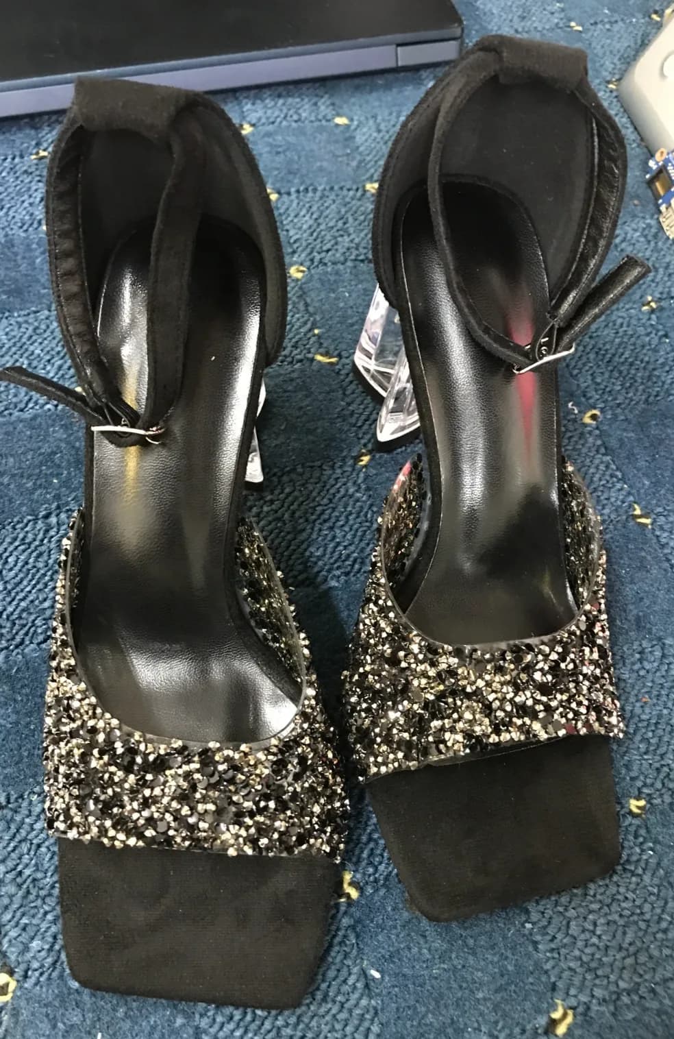 Women's Black Diamanté Heeled Sandals UK Size 4 Party Evening Clear Heel