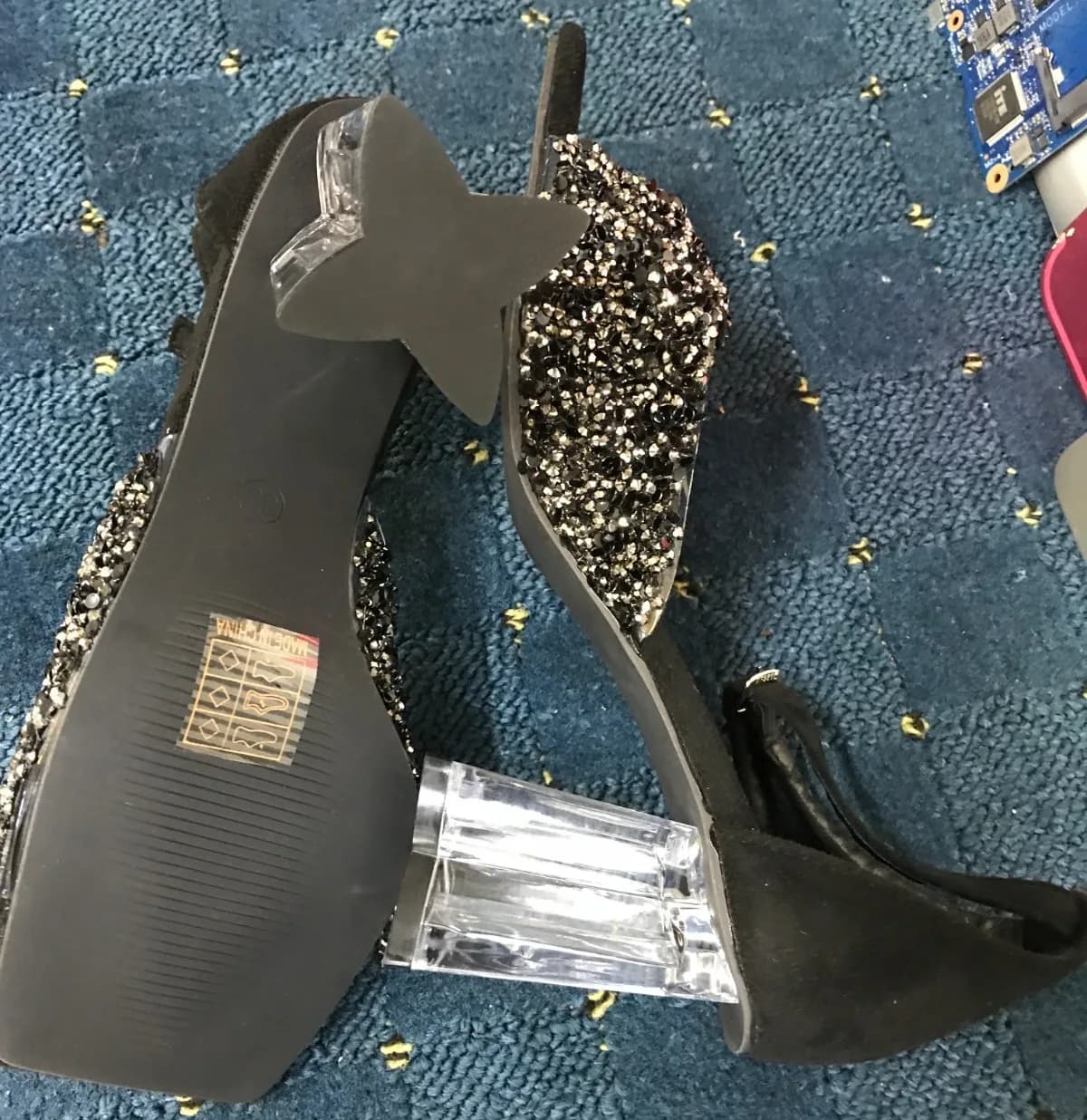 Women's Black Diamanté Heeled Sandals UK Size 4 Party Evening Clear Heel