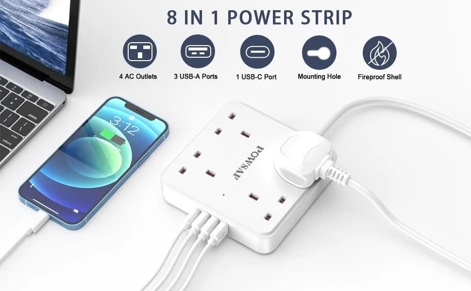 4 Way Extension Lead with 4 USB Slots (3.4A, 1 Type C and 3 USB-A Ports) 2M UK