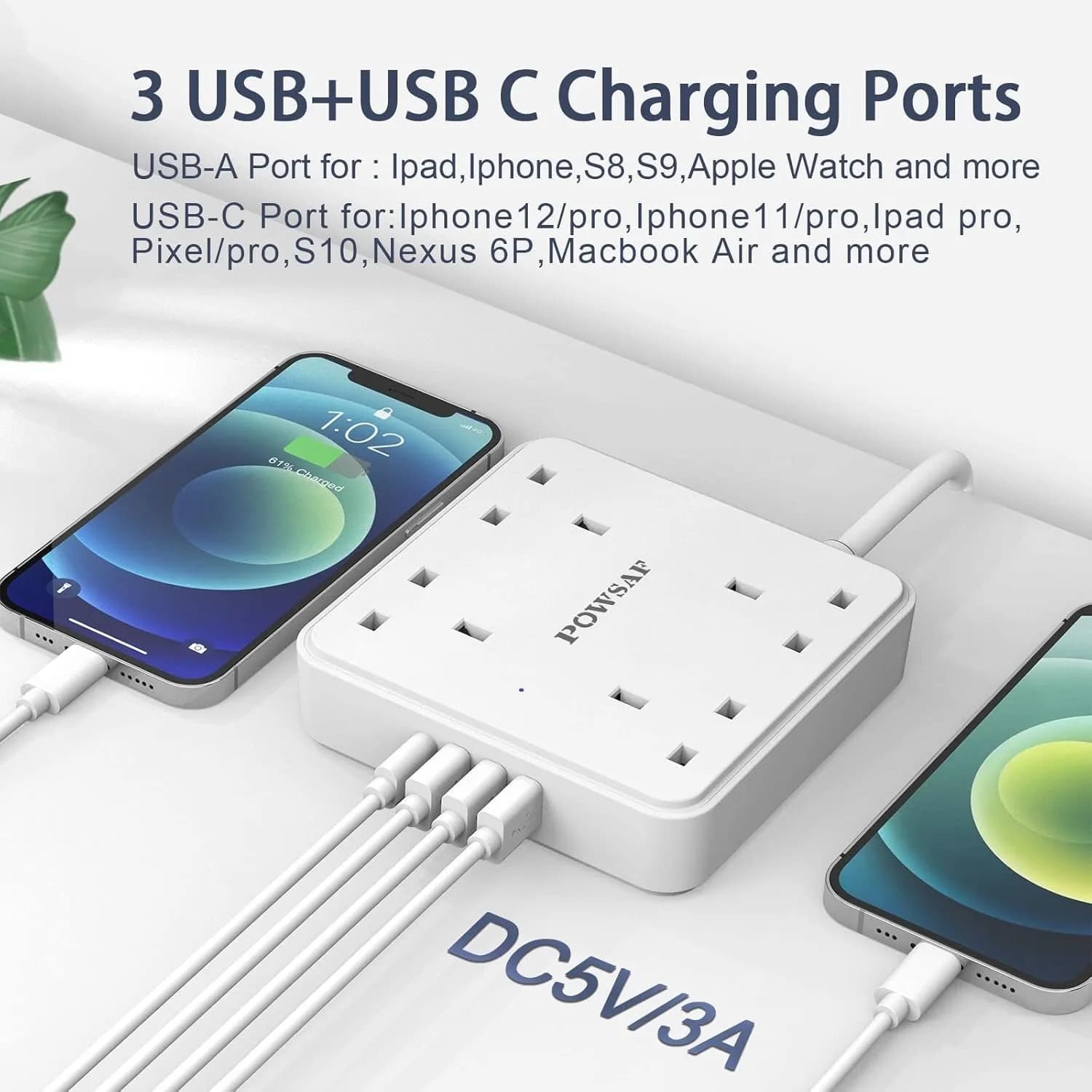 4 Way Extension Lead with 4 USB Slots (3.4A, 1 Type C and 3 USB-A Ports) 2M UK