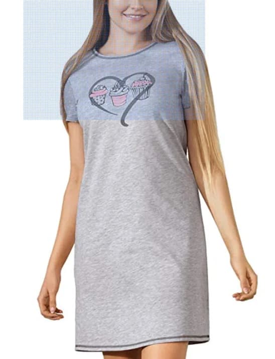 Babella 3052-1 Women's Cotton Nightdress Short Sleeved Scoop Neck Pattern Grey