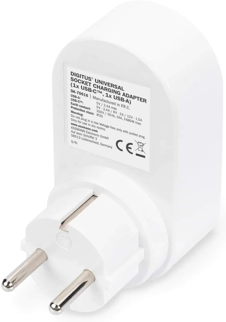 DIGITUS Universal USB-C plug-in charger with USB integrated socket 2 pin travel