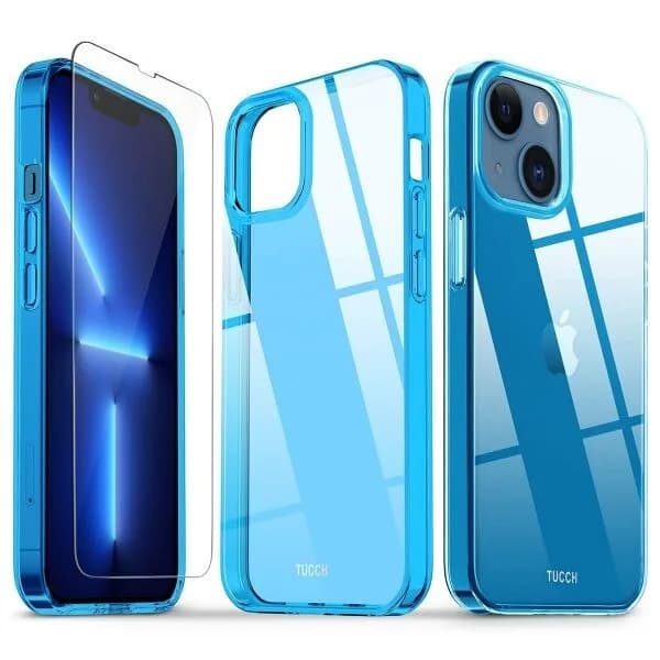 TUCCH Transparent Blue Case For Phone 13 Mini (5.4") Shockproof & Tempered Glass