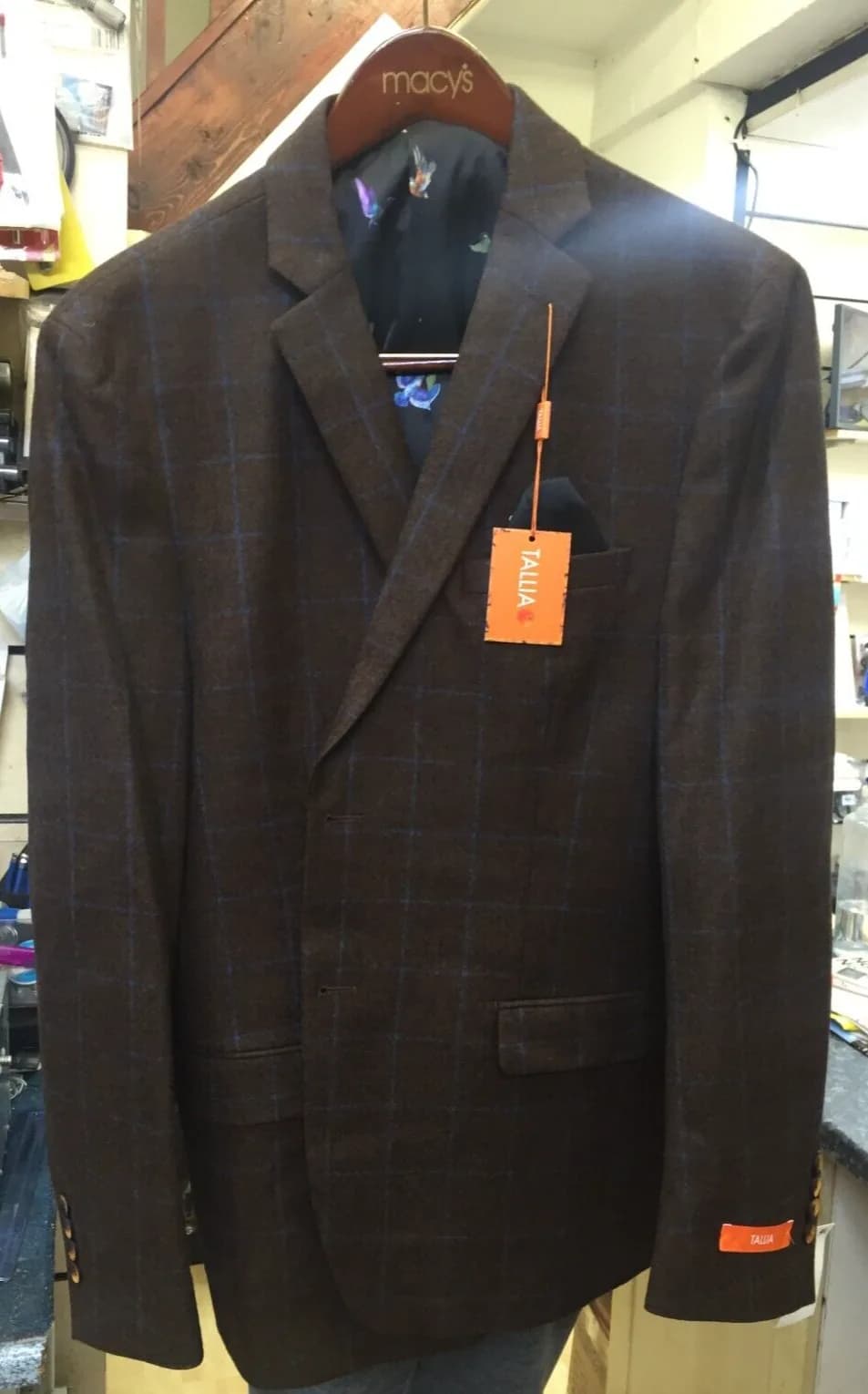 TALLIA Men's Big & Tall Slim-Fit Brown/Navy Plaid Sport Coat 44R RRP $350.00