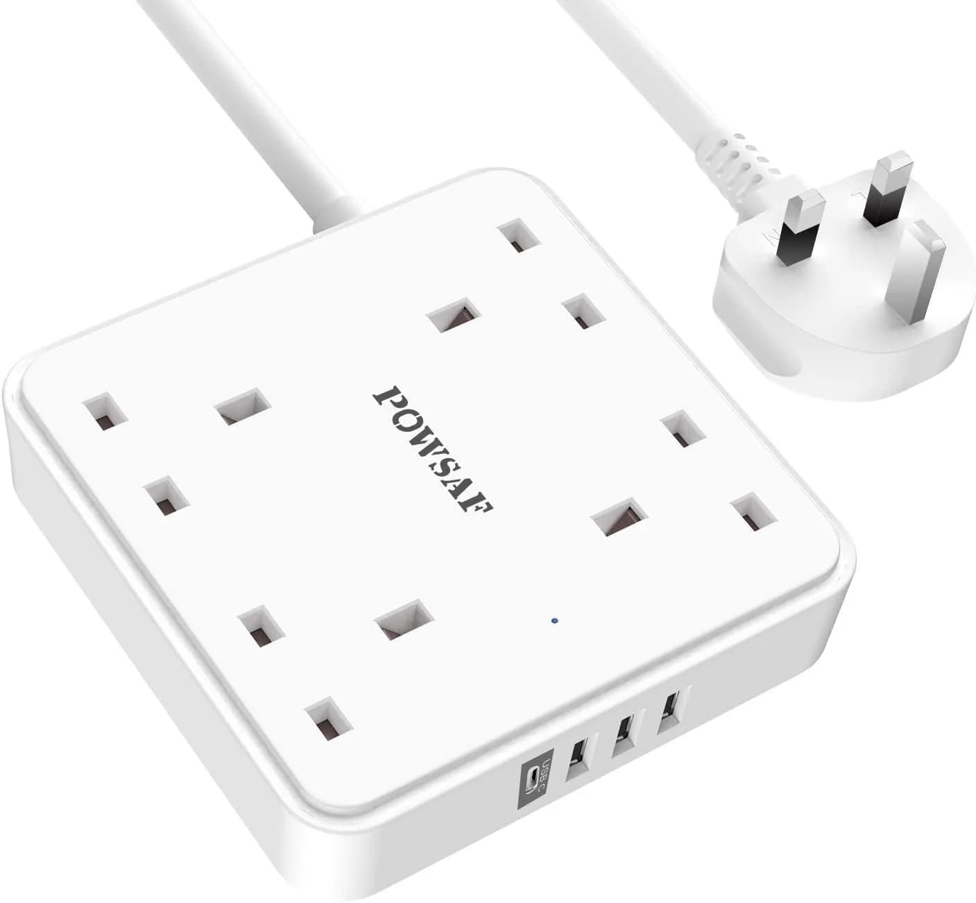 4 Way Extension Lead with 4 USB Slots (3.4A, 1 Type C and 3 USB-A Ports) 2M UK