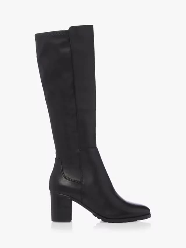 Dune Titain Leather Stretch Cleated Knee High Block Heel Boots, Black 7 40