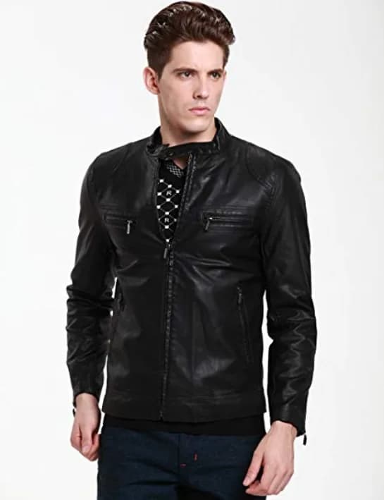 SSLR Men's Slim Casual Faux Leather Moto Jacket Coat