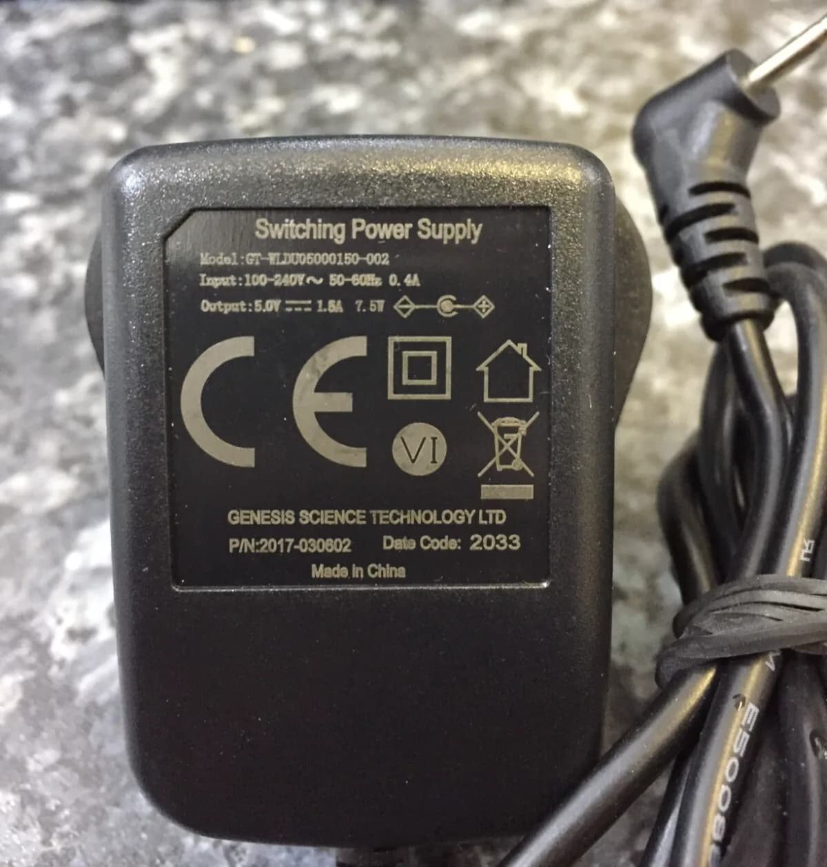 Genesis Science Gt-wldu05000150-002 P/n 2017-030602 5v 1500ma UK Adapter