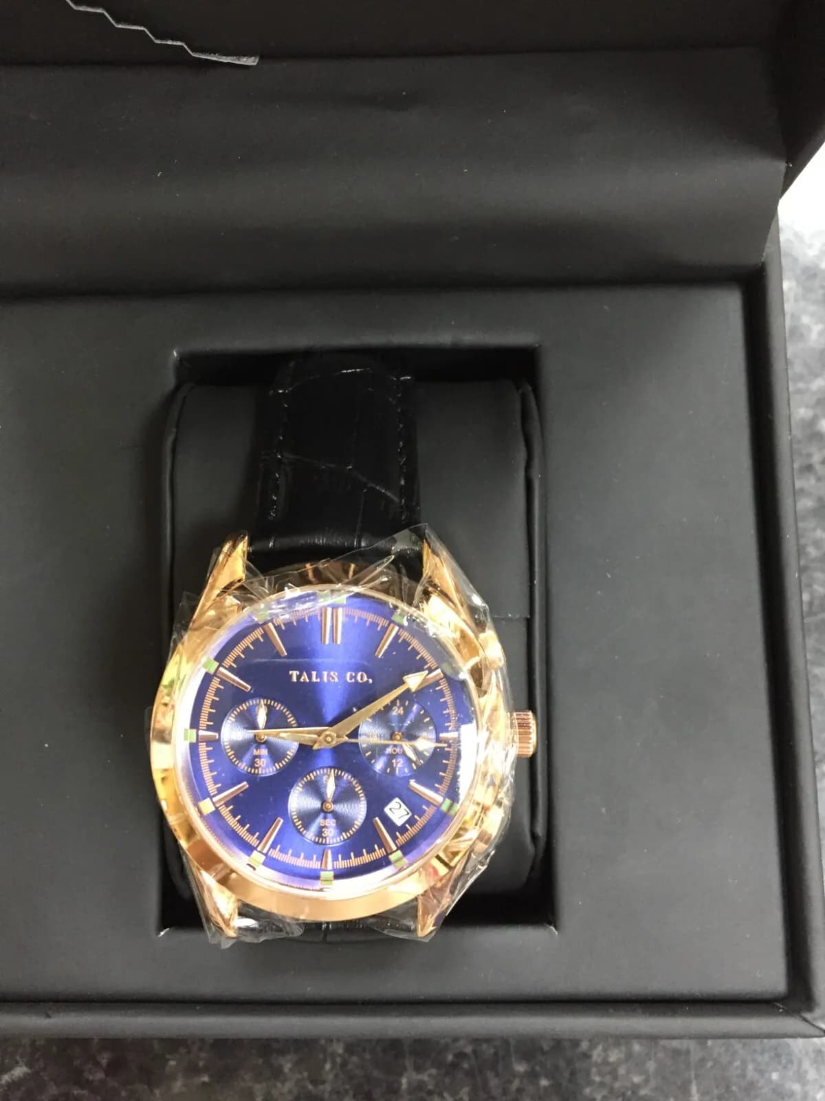 TALIS CO. WOMENS BLACK LEATHER WATCH CHRONOGRAPH WATCH BRAND NEW GIFT BOXED