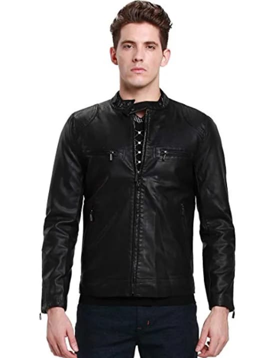 SSLR Men's Slim Casual Faux Leather Moto Jacket Coat