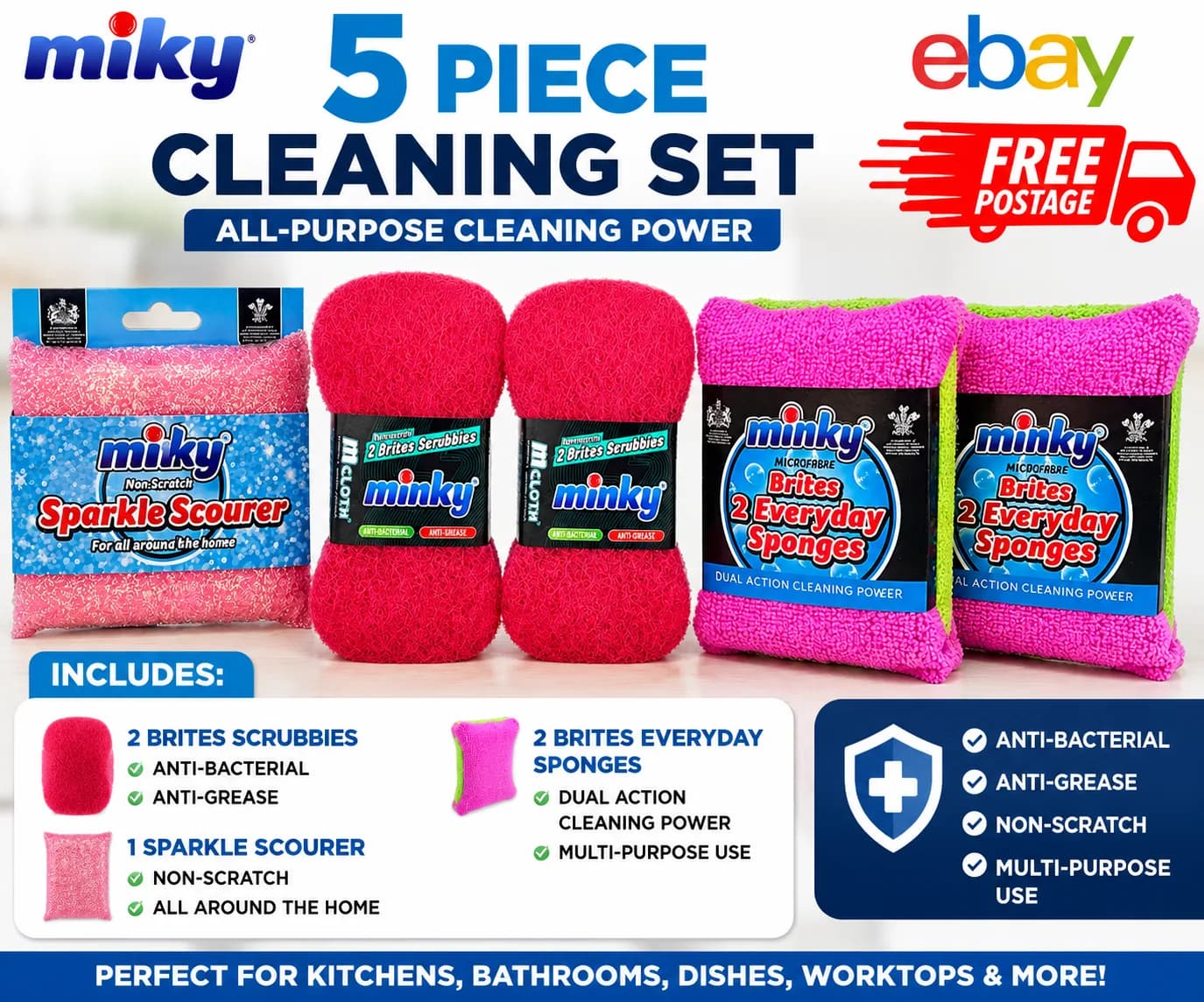 5 PIECE MINKY CLEANING SET SCRUBBIES SCOURER SPONGES KITCHEN CLEANING