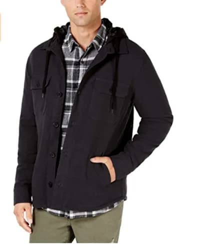 American Rag Mens Herald Fall Utility Shirt twill Jacket Top Black Hooded