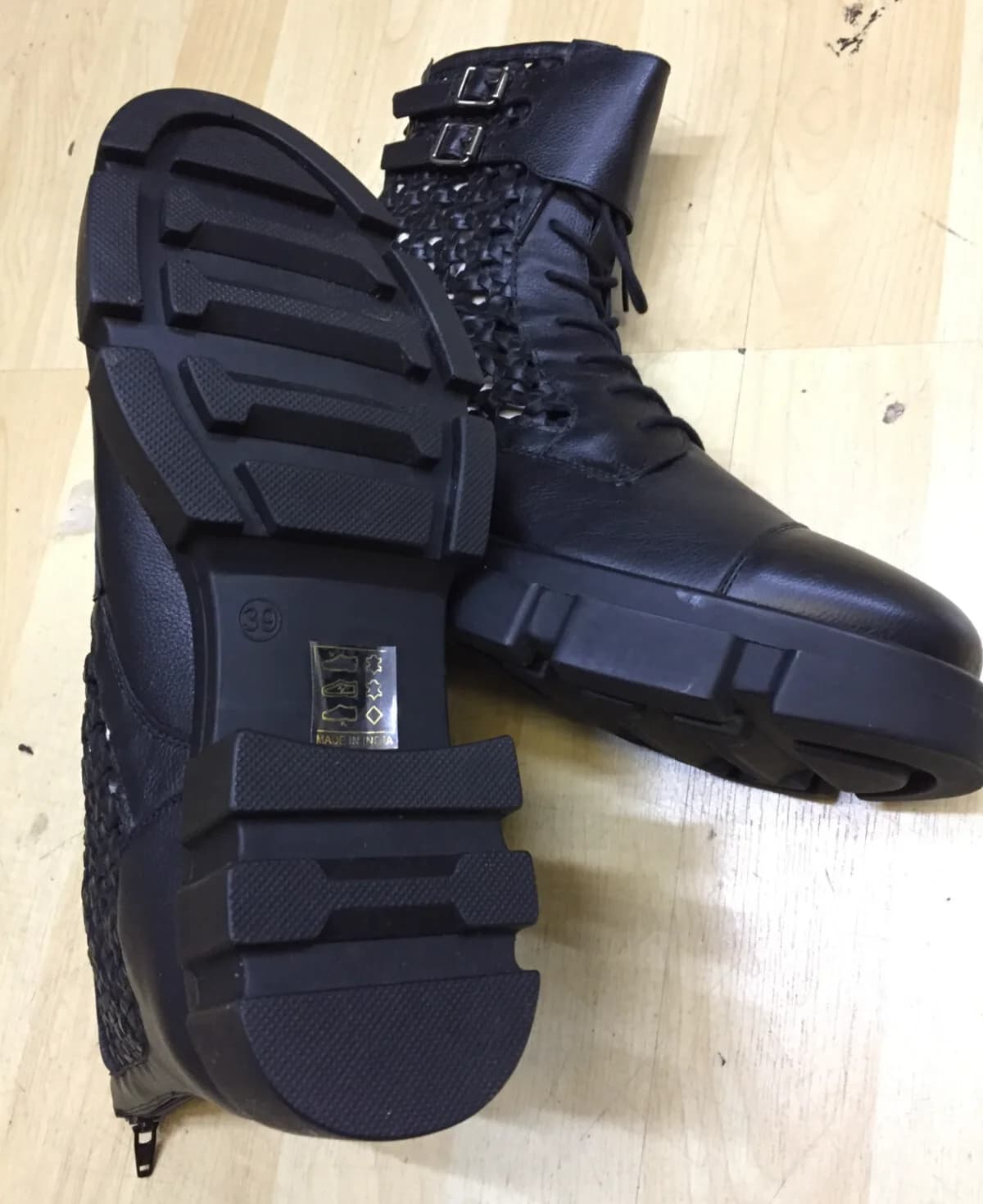 Free People Boots Asher Ankle Black Leather Weaved Side Combat Moto 39 /6 NEW