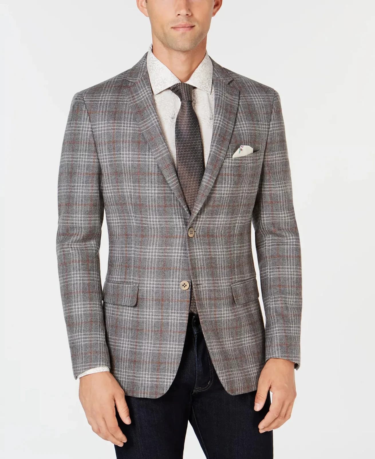 Tallia Men's Slim-Fit Gray Plaid Sport Coat with Faux-Suede Elbow Patches 42 sho