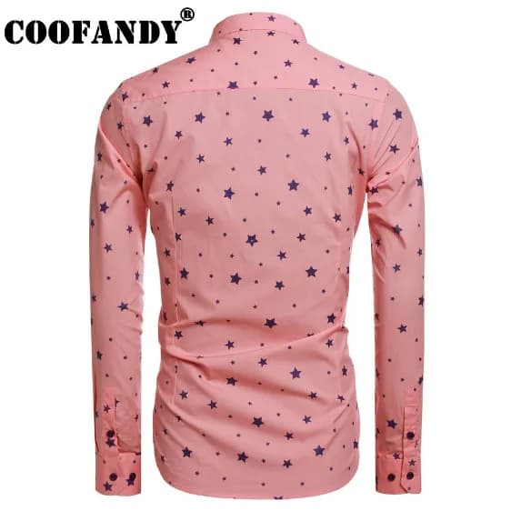 Coofandy Mens Slim Fit Turn Down Collar Long Sleeve Star Print Pink Shirt 3XL