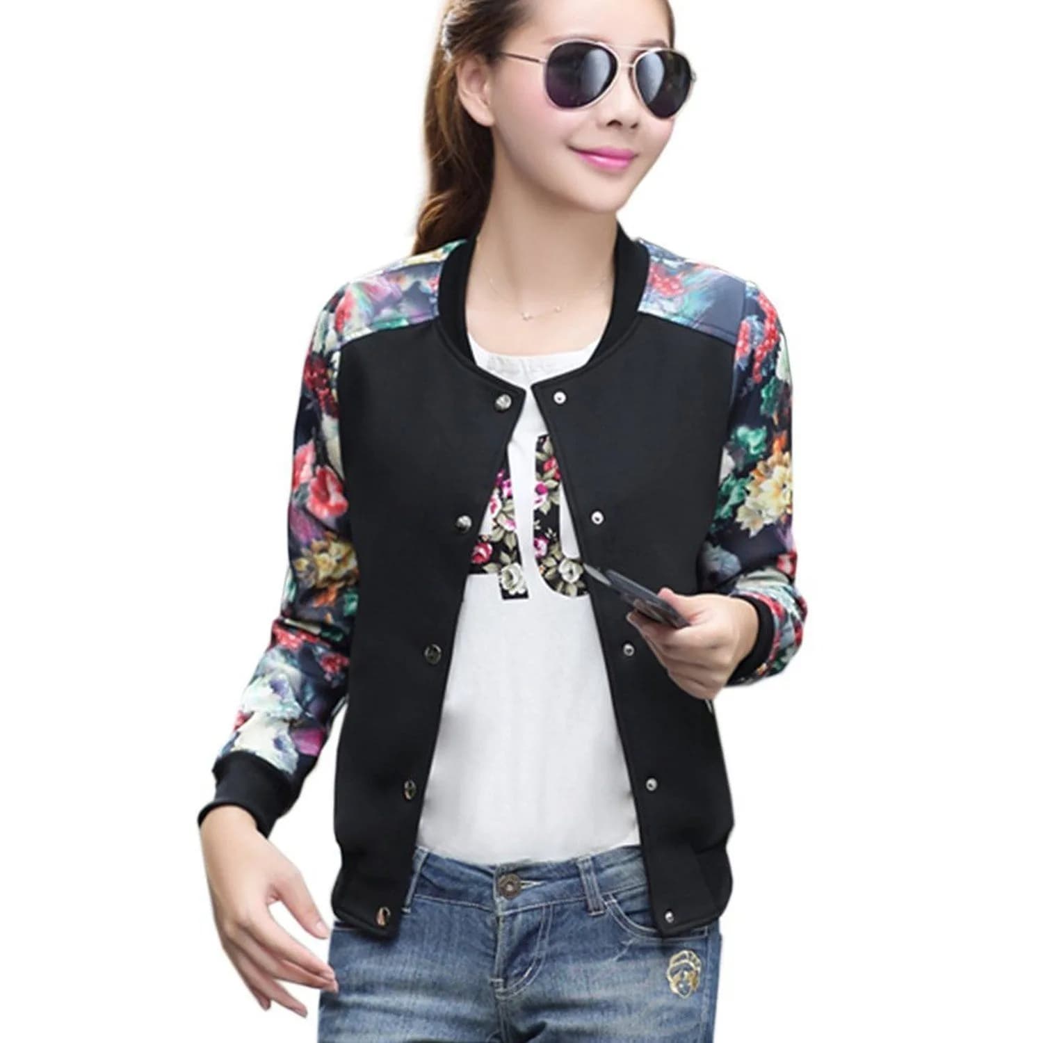 Teenloveme Womens Floral Bomber Jacket Stand Collar Zip up Pilot Jacket New S