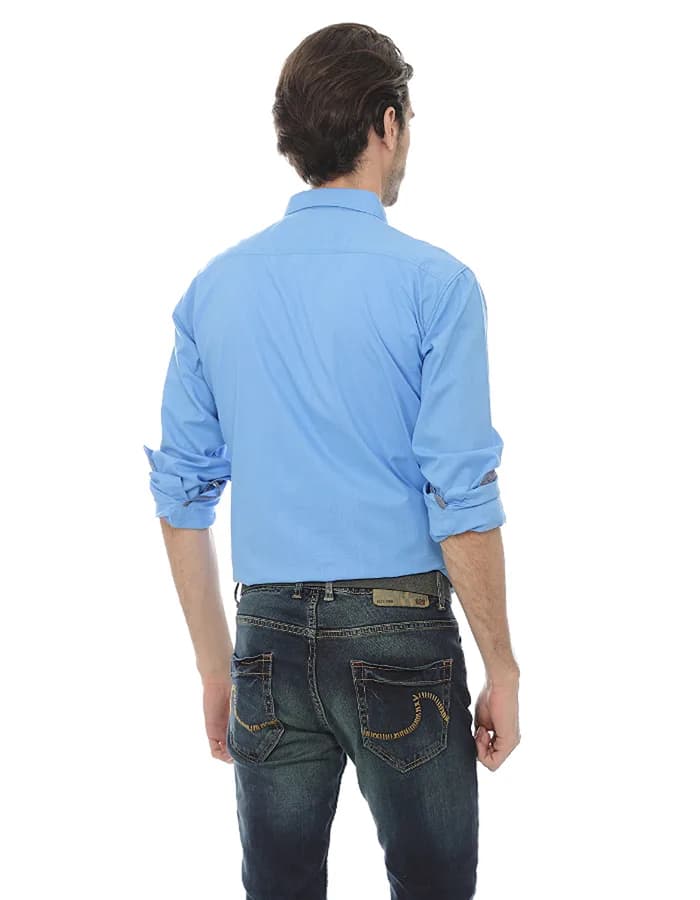 Basics Casual Plain Blue 100% Cotton Slim Button Shirt Long Sleeve