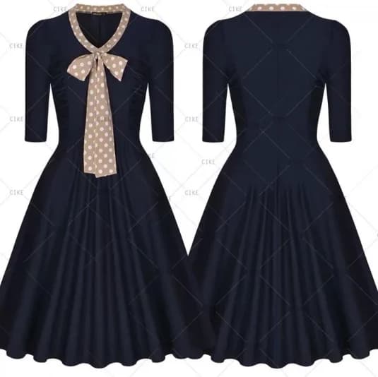 Miusol Navy Blue and Beige Polka Dot Collar Work/Office Dress