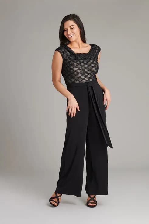 Connected Apparel Drape Neck Uptown Eyelash Metallic Knit Jumpsuit Black 6P