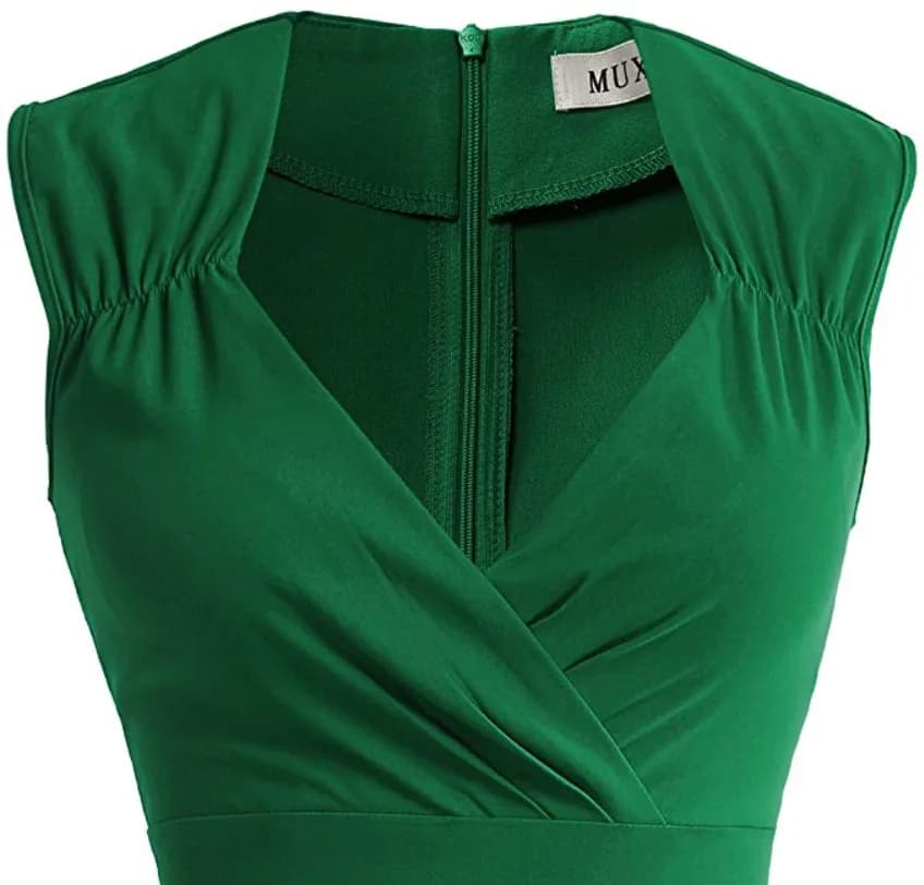 MUXXN Women's 50s 60s Vintage Sexy V-Neck Swing Dress Green M